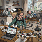 Mother works at laptop while children draw and play nearby
